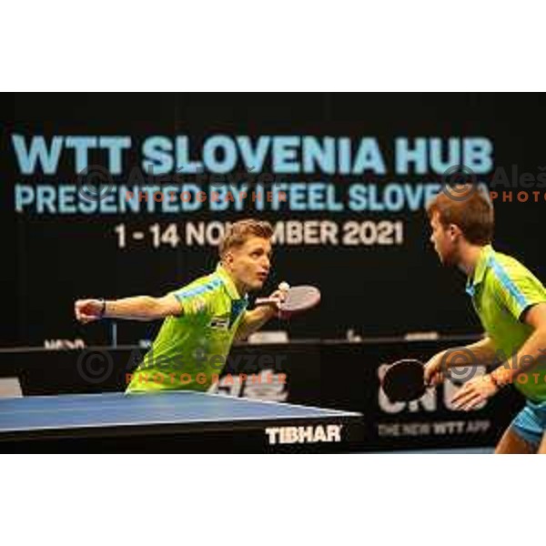 Tilen Cvetko and Peter Hribar in action during WTT Slovenian hub, presented by I feel Slovenia in Lasko, Slovenia on November 11, 2021