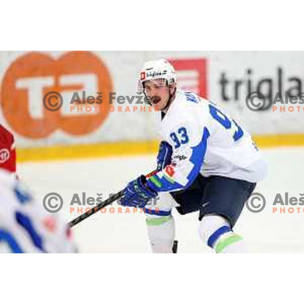 Luka Kalan in action during 4 nations ice-hockey tournament between Slovenia and Austria in Podmezakla hall in Jesenice, Slovenia on November 13, 2021