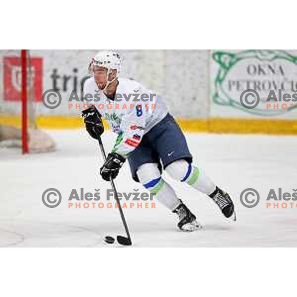 Zan Jezovsek in action during 4 nations ice-hockey tournament between Slovenia and Austria in Podmezakla hall in Jesenice, Slovenia on November 13, 2021
