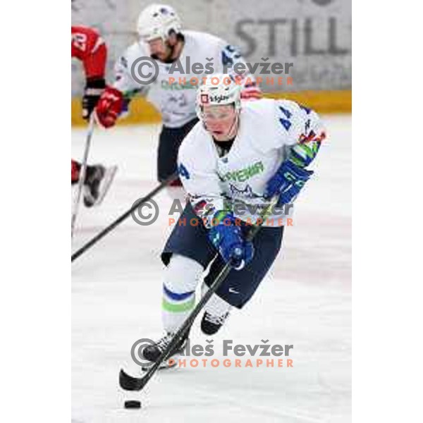 Miha Logar in action during 4 nations ice-hockey tournament between Slovenia and Austria in Podmezakla hall in Jesenice, Slovenia on November 13, 2021