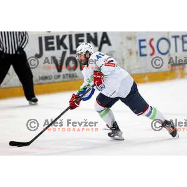 Rok Kapel in action during 4 nations ice-hockey tournament between Slovenia and Austria in Podmezakla hall in Jesenice, Slovenia on November 13, 2021