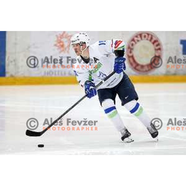 Ken Ograjensek in action during 4 nations ice-hockey tournament between Slovenia and Austria in Podmezakla hall in Jesenice, Slovenia on November 13, 2021