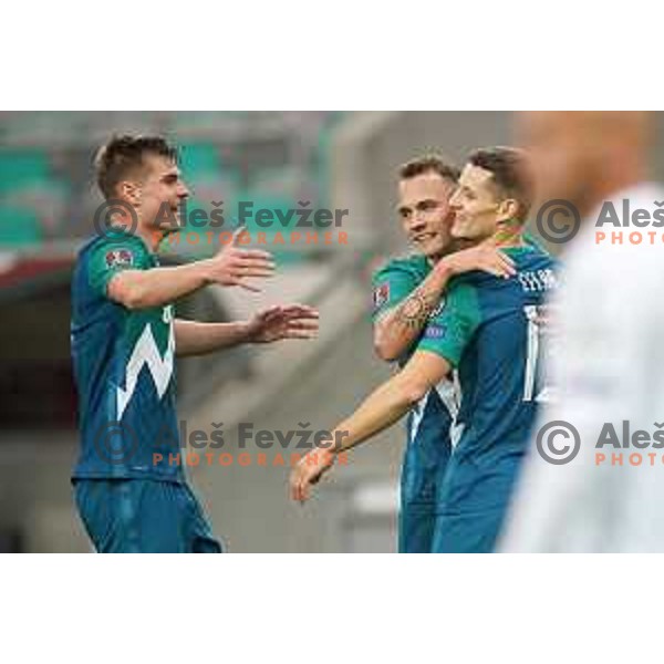 Jaka Bijol, Jure Balkovec and Zan Celar in action during FIFA World Cup 2022 Qualifiers match between Slovenia and Cyprus in Stozice, Ljubljana, Slovenia on November 14, 2021