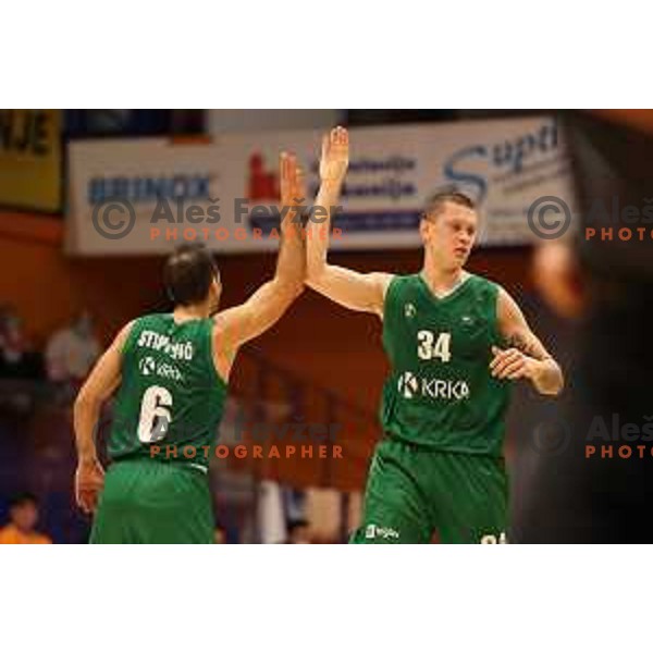 Rok Stipcevic and Jurij Macura in action during Nova KBM league match between Helios Suns and Krka in Domzale, Slovenia on November 16, 2021