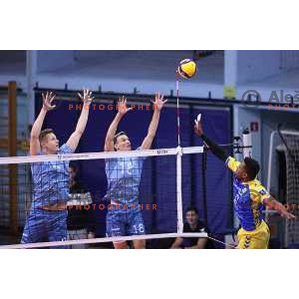 Tommi Siirila, Danilo Pavlovic and HERNANDEZ CARDONELL Yosvany in action during CEV Volleyball Cup 2022 between Calcit Volleyball and Guaguas Las Palmas in Kamnik, Slovenia on November 17, 2021