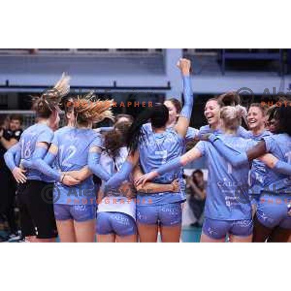 Olivera Brulec Kostic and Andjelka Radiskovic celebrate victory during 1/16 Final of CEV Volleyball Cup 2022 Women between Calcit Kamnik and Viteos Neuchatel in Kamnik, Slovenia on November 17, 2021