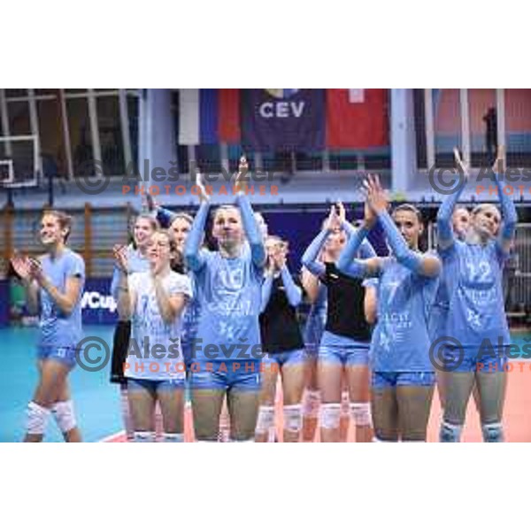 Olivera Brulec Kostic and Andjelka Radiskovic celebrate victory during 1/16 Final of CEV Volleyball Cup 2022 Women between Calcit Kamnik and Viteos Neuchatel in Kamnik, Slovenia on November 17, 2021