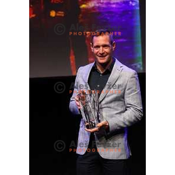 Benjamin Savsek poses with the trophy for Best Kayak and Canoe Sportsman of the year 2021 in Ljubljana, Slovenia on November 25, 2021
