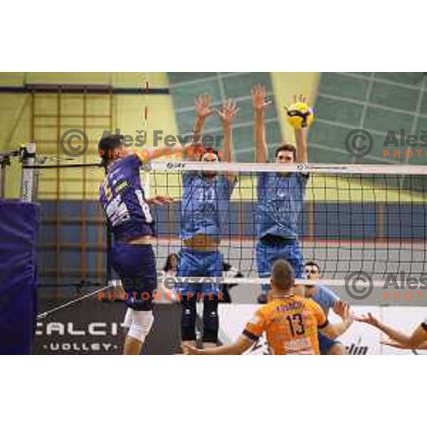 Alen Sket, Jan Brulec and Diko Puric in action during 1.DOL volleyball match between Calcit Volley and ACH Volley in Kamnik, Slovenia on November 27, 2021