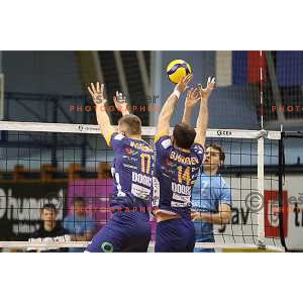 Matic Videcnik and Nikola Gjorgiev in action during 1.DOL volleyball match between Calcit Volley and ACH Volley in Kamnik, Slovenia on November 27, 2021