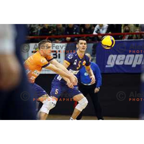 Jani Kovacic and Alen Sket in action during 1.DOL volleyball match between Calcit Volley and ACH Volley in Kamnik, Slovenia on November 27, 2021