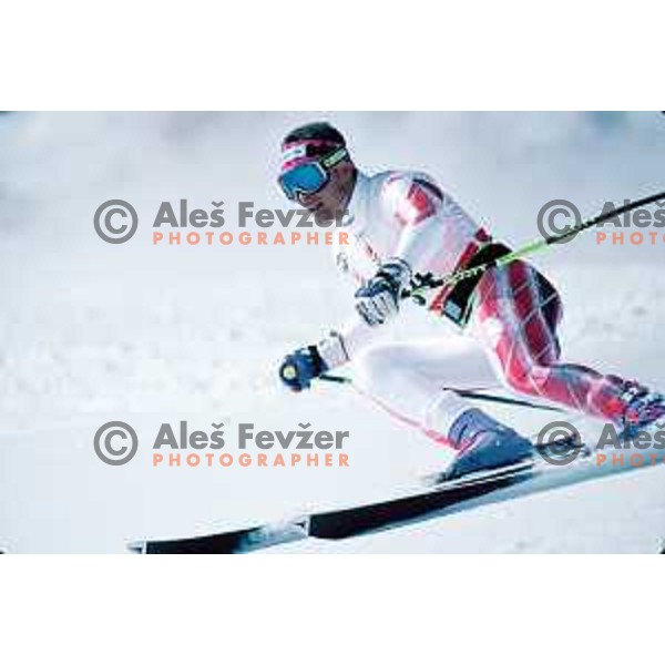 Andrej Miklavc of Slovenia, three times Olympian during his giant slalom race at 1992 Albertville Winter Olympic games, France on February 1992