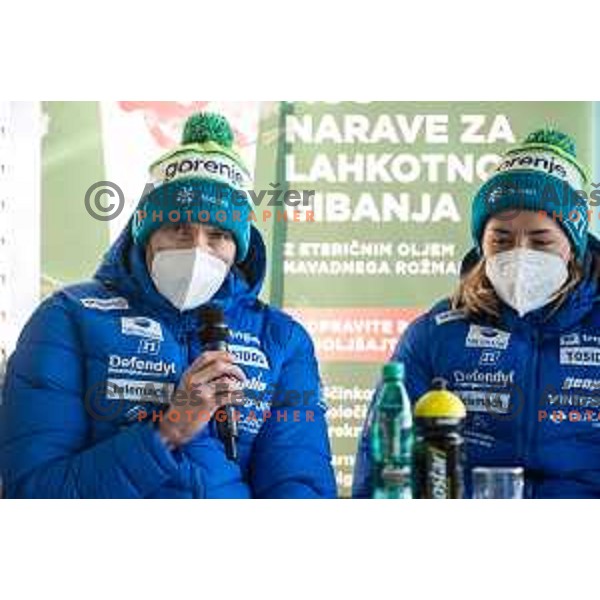 Nejc Brodar and Anamarija Lampic of Slovenia Cross-country team during press conference in Ljubljana, Slovenia on December 20, 2021