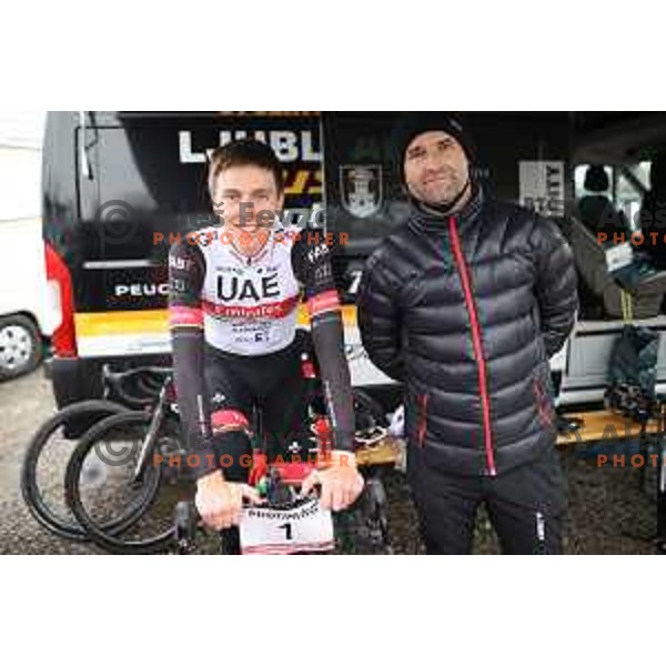 Tadej Pogacar, winner of Men\'s Elite race at Ciklokros Ljubljana 2021 and Andrej Hauptman at Hippodrome Stozice, Slovenia on December 26, 2021