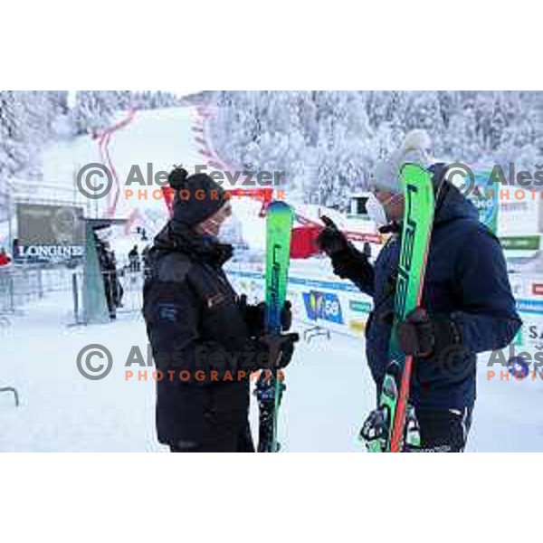 Ales Vidic and Mitja Dragsic during final preparation of Vitranc ski slope for 58.Golden Fox-Zlata Lisica 2022 in Kranjska gora, Slovenia on January 7, 2022 