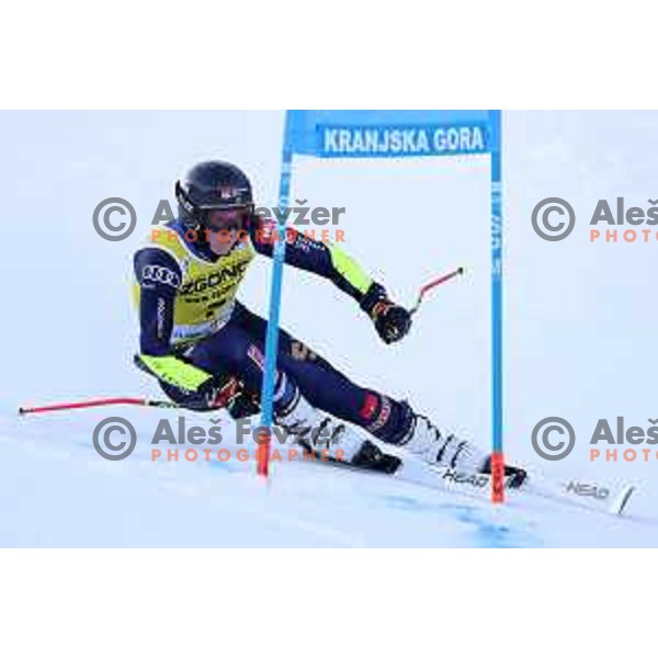 Sara Hector (SWE) skiing in the first run of AUDI FIS Ski World Cup Giant Slalom for 58.Golden Fox-Zlata Lisica 2022 in Kranjska gora, Slovenia on January 8, 2022