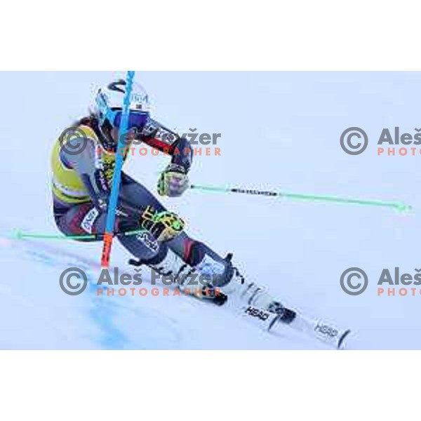 Skiing in the first run of AUDI FIS Ski World Cup Giant Slalom for 58.Golden Fox-Zlata Lisica 2022 in Kranjska gora, Slovenia on January 8, 2022