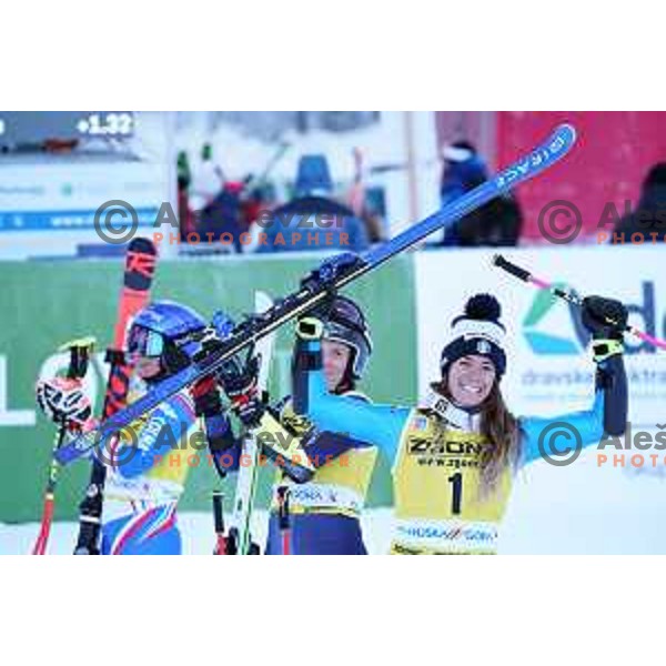 Second placed Tessa Worley (FRA) , winner Sara Hector (SWE) and Marta Bassino (ITA), third placed of AUDI FIS Ski World Cup Giant Slalom for 58.Golden Fox-Zlata Lisica 2022 in Kranjska gora, Slovenia on January 8, 2022