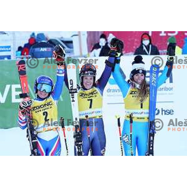 Second placed Tessa Worley (FRA) , winner Sara Hector (SWE) and Marta Bassino (ITA), third placed of AUDI FIS Ski World Cup Giant Slalom for 58.Golden Fox-Zlata Lisica 2022 in Kranjska gora, Slovenia on January 8, 2022