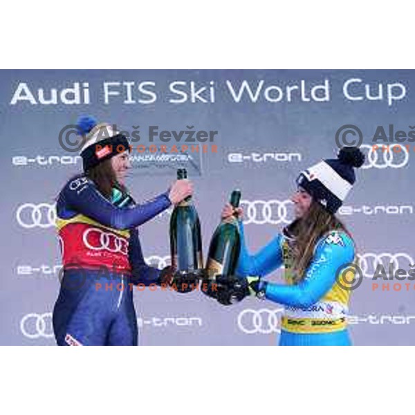 Sara Hector (SWE), winner and Marta Bassino (ITA), third placed of AUDI FIS Ski World Cup Giant Slalom for 58.Golden Fox-Zlata Lisica 2022 in Kranjska gora, Slovenia on January 8, 2022