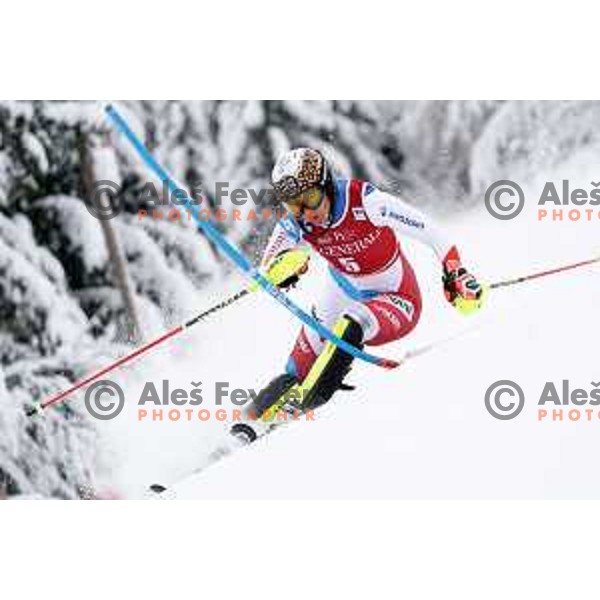 Wendy Holdener (SUI) skiing in the first run of AUDI FIS Ski World Cup Slalom for 58.Golden Fox-Zlata Lisica 2022 in Kranjska gora, Slovenia on January 9, 2022
