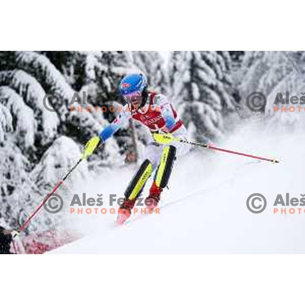 Mikaela Shiffrin (USA) skiing in the first run of AUDI FIS Ski World Cup Slalom for 58.Golden Fox-Zlata Lisica 2022 in Kranjska gora, Slovenia on January 9, 2022