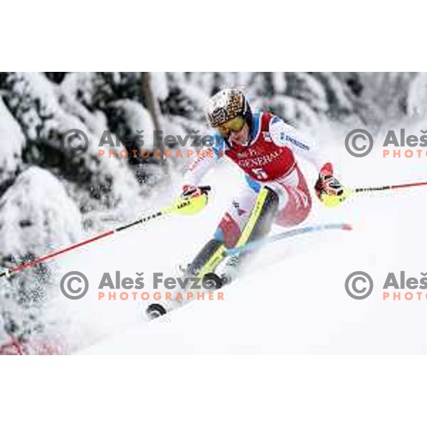 Wendy Holdener (SUI) skiing in the first run of AUDI FIS Ski World Cup Slalom for 58.Golden Fox-Zlata Lisica 2022 in Kranjska gora, Slovenia on January 9, 2022