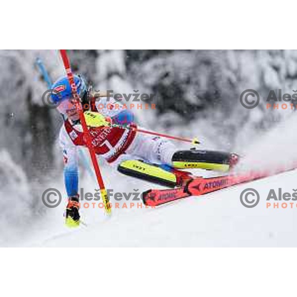 Mikaela Shiffrin (USA) skiing in the first run of AUDI FIS Ski World Cup Slalom for 58.Golden Fox-Zlata Lisica 2022 in Kranjska gora, Slovenia on January 9, 2022
