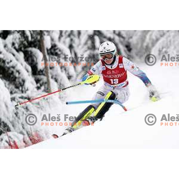 Paula Moltzan (USA) skiing in the first run of AUDI FIS Ski World Cup Slalom for 58.Golden Fox-Zlata Lisica 2022 in Kranjska gora, Slovenia on January 9, 2022