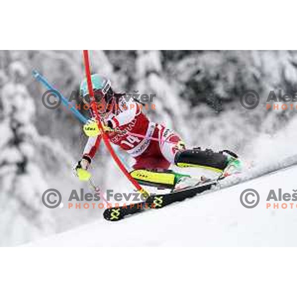 Chiara Mair (AUT) skiing in the first run of AUDI FIS Ski World Cup Slalom for 58.Golden Fox-Zlata Lisica 2022 in Kranjska gora, Slovenia on January 9, 2022
