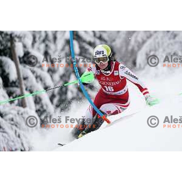 Katharina Huber (AUT) skiing in the first run of AUDI FIS Ski World Cup Slalom for 58.Golden Fox-Zlata Lisica 2022 in Kranjska gora, Slovenia on January 9, 2022