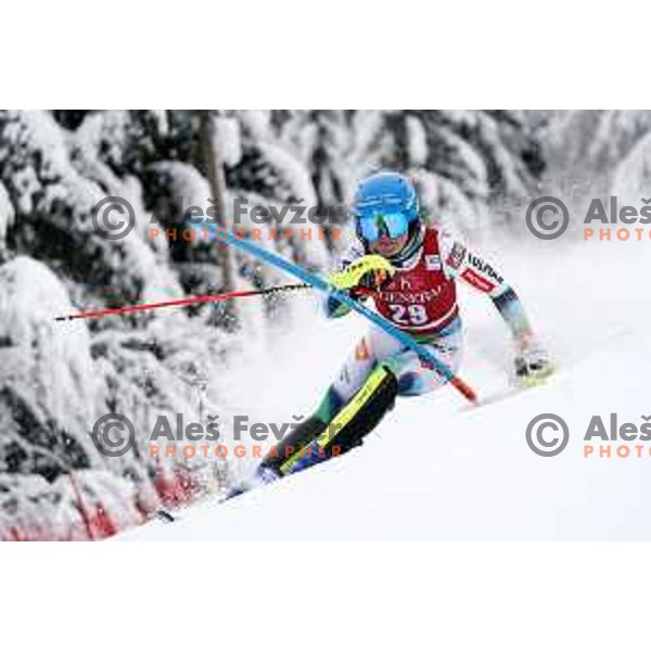 Meta Hrovat (SLO) skiing in the first run of AUDI FIS Ski World Cup Slalom for 58.Golden Fox-Zlata Lisica 2022 in Kranjska gora, Slovenia on January 9, 2022