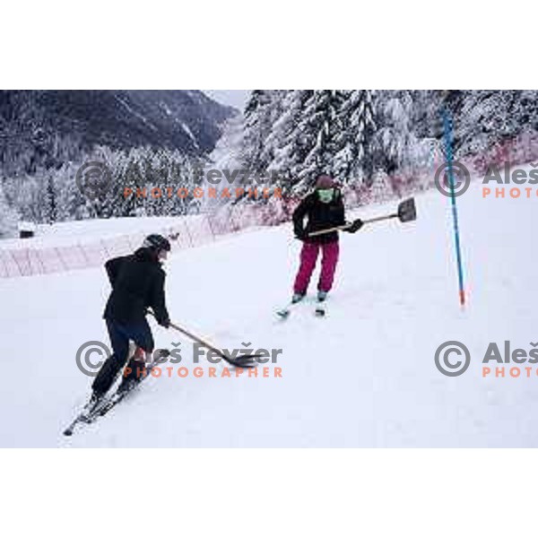 Volunteers working at AUDI FIS Ski World Cup Slalom for 58.Golden Fox-Zlata Lisica 2022 in Kranjska gora, Slovenia on January 9, 2022