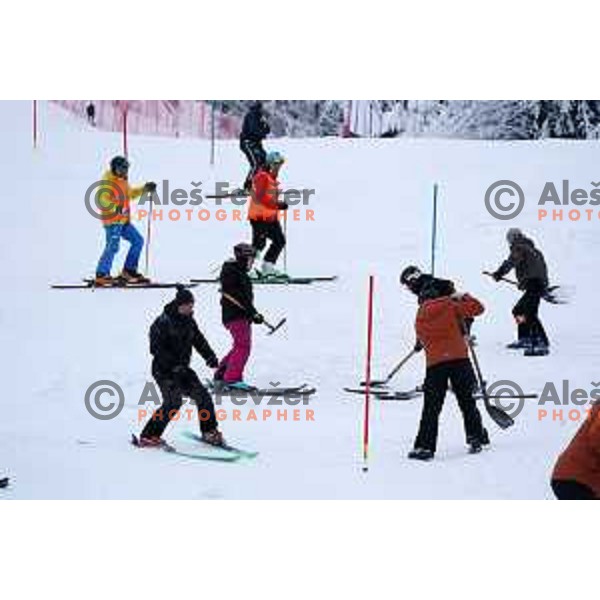 Volunteers working at AUDI FIS Ski World Cup Slalom for 58.Golden Fox-Zlata Lisica 2022 in Kranjska gora, Slovenia on January 9, 2022