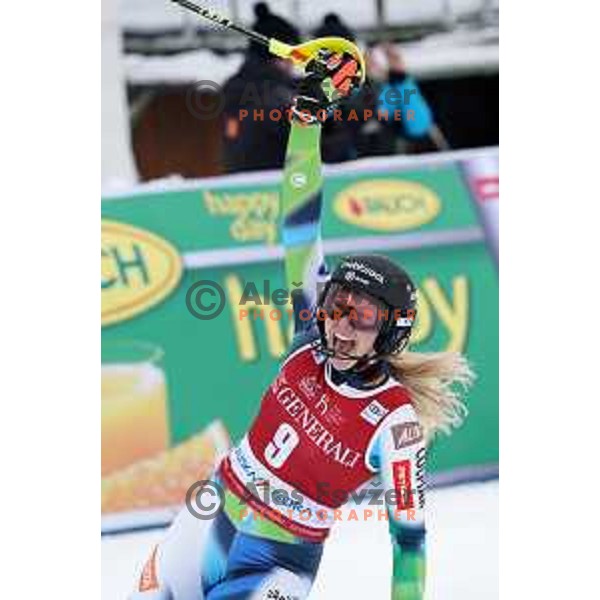 Ana Bucik (SLO) celebrates fifth place at AUDI FIS Ski World Cup Slalom for 58.Golden Fox-Zlata Lisica 2022 in Kranjska gora, Slovenia on January 9, 2022