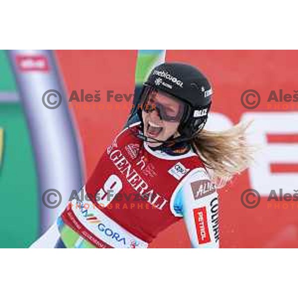 Ana Bucik (SLO) celebrates fifth place at AUDI FIS Ski World Cup Slalom for 58.Golden Fox-Zlata Lisica 2022 in Kranjska gora, Slovenia on January 9, 2022