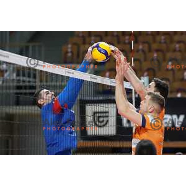Matic Videcnik and Nikola Gjorgiev in action during eight-final of CEV Cup between ACH Volley (SLO) and Steaua Bucuresti (ROM) in Tivoli hall, Ljubljana on January 12, 2022