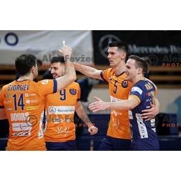 Vuk Todorovic, Alen Sket and Jani Kovacic in action during eight-final of CEV Cup between ACH Volley (SLO) and Steaua Bucuresti (ROM) in Tivoli hall, Ljubljana on January 12, 2022