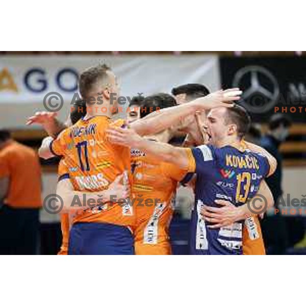 Matic Videcnik and Jani Kovacic in action during eight-final of CEV Cup between ACH Volley (SLO) and Steaua Bucuresti (ROM) in Tivoli hall, Ljubljana on January 12, 2022