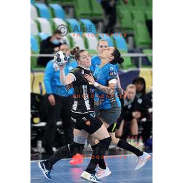 Rikke Iversen and Andrea Lekic in action during EHF Champions League Women 2021-2022 handball match between Krim Mercator (SLO) and Odense (DEN) in Ljubljana, Slovenia on January 16, 2022