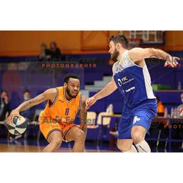 Carlbe Ervin and Dalibor Djapa in action during Nova KBM league match between Helios Suns and Sentjur in Domzale, Slovenia on January 19, 2022