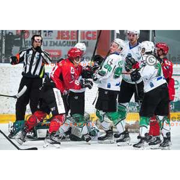 Saso Rajsar and Blaz Tomazevic in action during semi-final of Slovenian ice-hockey league match between HDD Sij Acroni Jesenice and SZ Olimpija at Jesenice, Slovenia on January 25, 2021