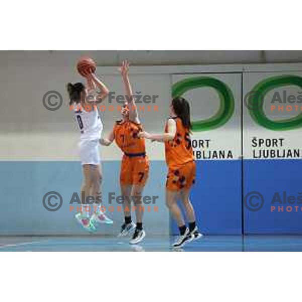 Elena Lazarevic and Zoja Vilfan in action during 1.SKL women basketball match between Derby Jezica and Tosama Ledita, Slovenia on January 25, 2022 