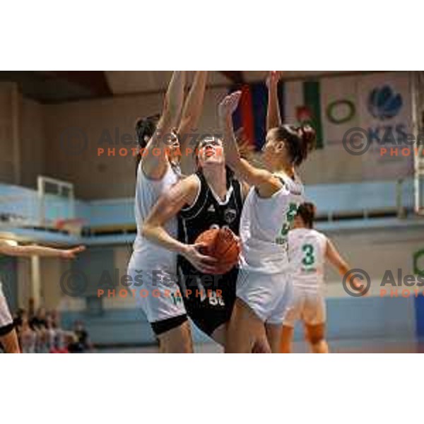 Neza Vrecer, Merisa Dautovic and Hana Sambolic in action during 1.SKL women basketball match between Akson Ilirija and VBO Maribor in Ljubljana, Slovenia on January 26, 2022