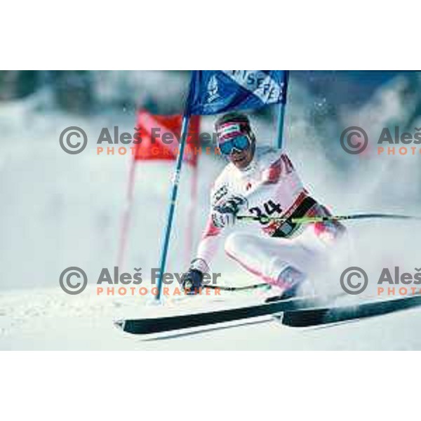 Andrej Miklavc of Slovenia, three times Olympian during his giant slalom race at 1992 Albertville Winter Olympic games, France on February 1992