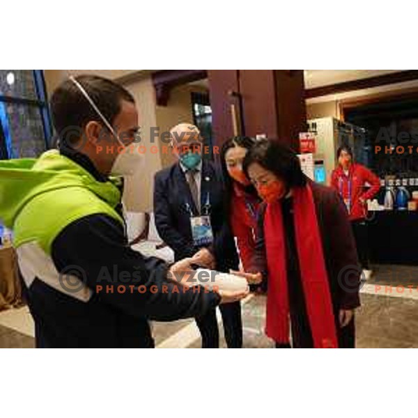 Jernej shows Toli to the guests at Zhangjiakou venue of Beijing 2022 Winter Olympic Games, China on February 6, 2022