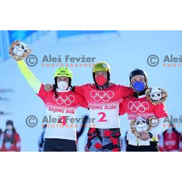 Tim Mastnak of Slovenia, Olympic Silver medalist, Benjamin Karl (AUT) gold medalist and Vic Wild (ROC) bronze medalsit in Snowboard Parallel Giant Slalom in Zhangjiakou Genting Snow Park, Beijing 2022 Winter Olympic Games, China on February 8, 2022