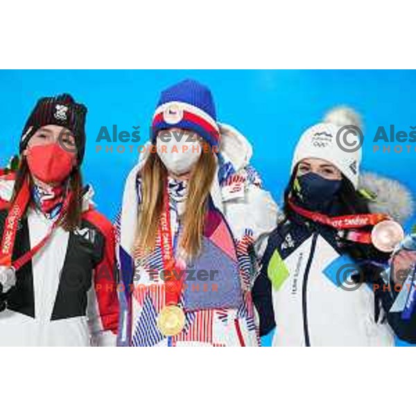 Gold medalist Ester Ledecka (CZE), Gloria Kotnik of Slovenia, Olympic Bronze medalist in Women\'s Snowboard Parallel Giant Slalom in Zhangjiakou Genting Snow Park, Beijing 2022 Winter Olympic Games, China on February 8, 2022