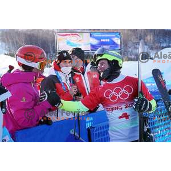 Zan Kosir congratulates Tim Mastnak of Slovenia, Olympic Silver medalist in Snowboard Parallel Giant Slalom in Zhangjiakou Genting Snow Park, Beijing 2022 Winter Olympic Games, China on February 8, 2022
