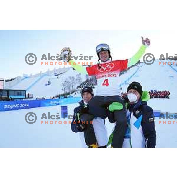 Tomaz Barada, Tim Mastnak of Slovenia, Olympic Silver medalist in Snowboard Parallel Giant Slalom and Bogdan Gabrovec in Zhangjiakou Genting Snow Park, Beijing 2022 Winter Olympic Games, China on February 8, 2022